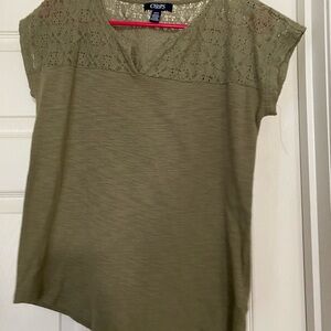 Chaps Olive Lace Yoke Short Sleeve Top